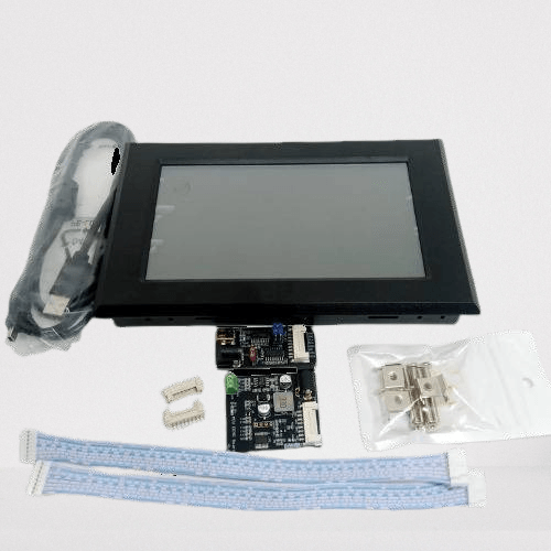 STONE-pantalla LCD TFT with human machine interface, 7 inches LCD - with black bezel, including a controller board, two ribbon cables, a USB cable, and a bag of mounting hardware.