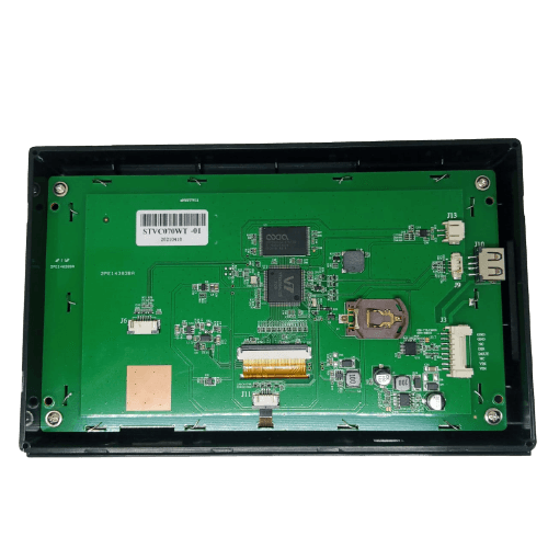 STONE-pantalla LCD TFT with human machine interface, 7 inches LCD - HMI display shown from the back, featuring a green circuit board with various connectors, a battery holder, and a USB port.