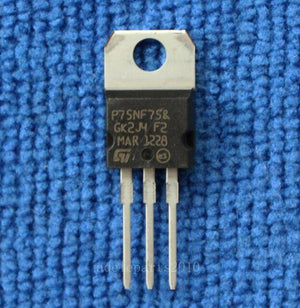 STP75NF75 75NF75 Power MOSFET - a black electronic component with three metal pins and a mounting hole, shown in a close-up against a blue textured background.