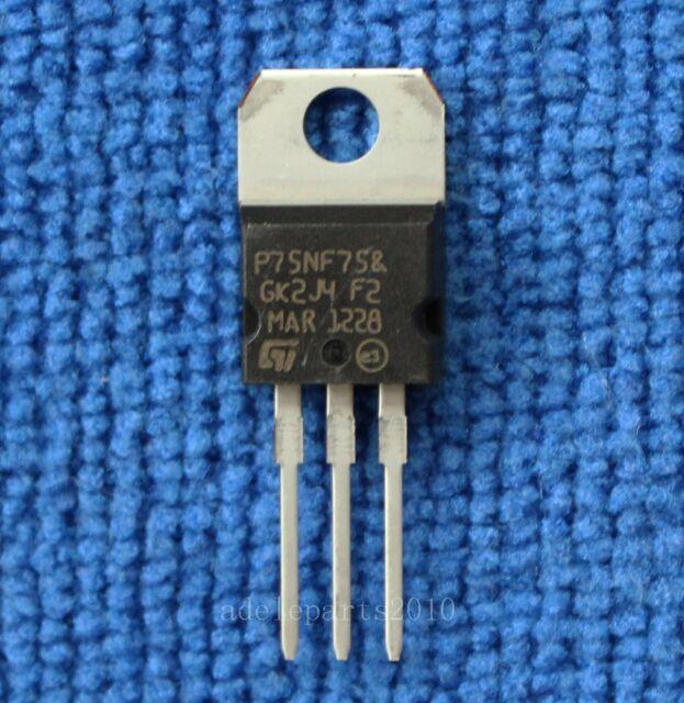 STP75NF75 75NF75 Power MOSFET - a black electronic component with three metal pins and a mounting hole, shown in a close-up against a blue textured background.