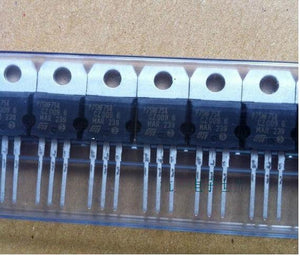 STP75NF75 75NF75 Power MOSFET - a row of six black electronic transistors with silver metal tabs and three pins, arranged inside a clear plastic tray.