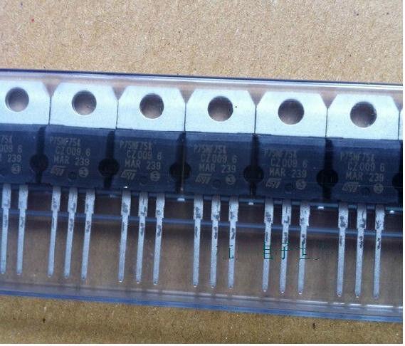STP75NF75 75NF75 Power MOSFET - a row of six black electronic transistors with silver metal tabs and three pins, arranged inside a clear plastic tray.