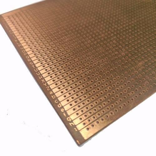 Straight Line Veroborad 100x240mm Stripboard Prototyping Board Project Board - a rectangular copper-clad prototyping board with a grid of holes and printed alphanumeric row labels.