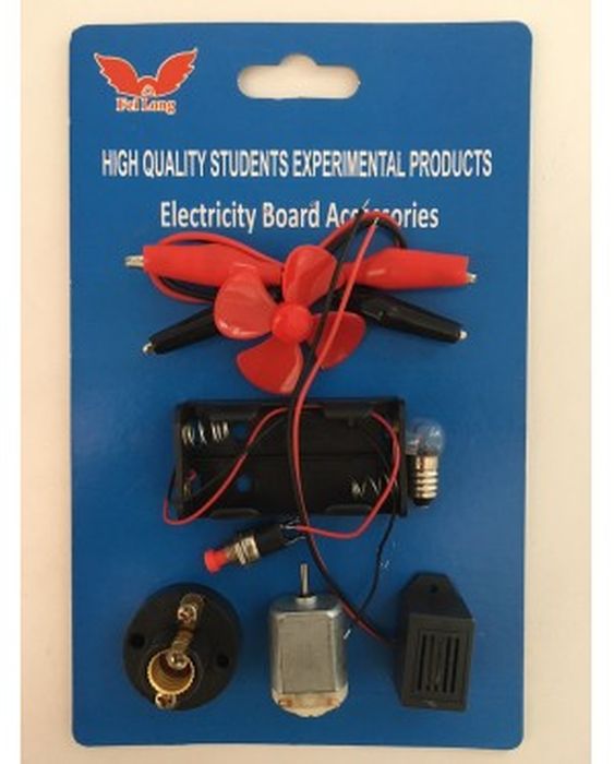 STUDENT ELECTRONIC DIY EXPERIMENTAL BOARD AND CIRCUIT - shown in retail packaging with a battery holder, light bulb, motor, fan, buzzer, switch, and cables.