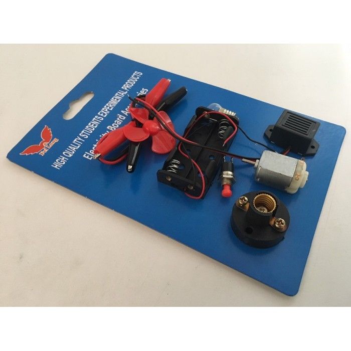 STUDENT ELECTRONIC DIY EXPERIMENTAL BOARD AND CIRCUIT - shown in original blue retail packaging with a battery holder, motor, fan, switch, and bulb socket.