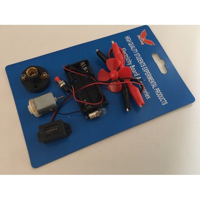 STUDENT ELECTRONIC DIY EXPERIMENTAL BOARD AND CIRCUIT - shown in its original blue retail packaging with a motor, bulb, switch, battery holder, and wires.