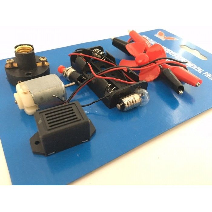STUDENT ELECTRONIC DIY EXPERIMENTAL BOARD AND CIRCUIT - shown as a kit on a blue backing card with a battery holder, light bulb, motor, buzzer, and fan.