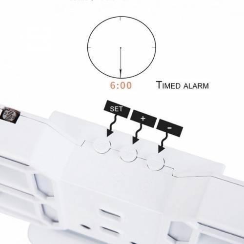 Stylish & Unique Electronic Desk Clock Vst-883-white - a close-up view of the white top panel showing three buttons labeled SET, +, and - with a clock icon.