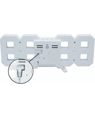 Stylish & Unique Electronic Desk Clock Vst-883-white - the white plastic back panel with a power port, battery compartment, and a close-up inset.