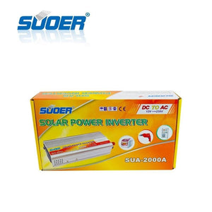 SUA-2000A Original Suoer 12V 2000W Inverter Modified Sine Wave Solar Power USB 12V DC To 220VAC - a graphic of the silver inverter, model number, and icons for connected devices.