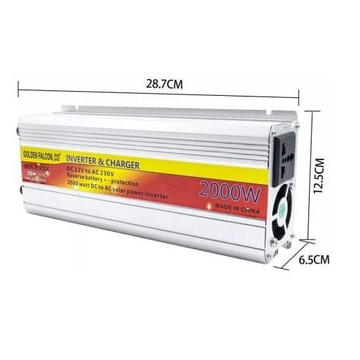 SUA-2000C Original Suoer 12V 2000W Sine Wave Solar Power Inverter And Charger 20A USB 12V DC To 230VAC - a silver rectangular unit with a cooling fan, AC outlet, and overlaid dimension lines in centimeters.