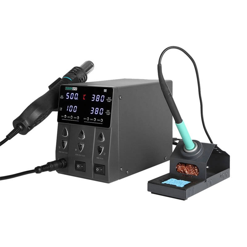 Angled view of the Sugon 212 rework station with the hot air gun, the T12 soldering iron in its holder and the brass wool tip cleaner and sponge tray