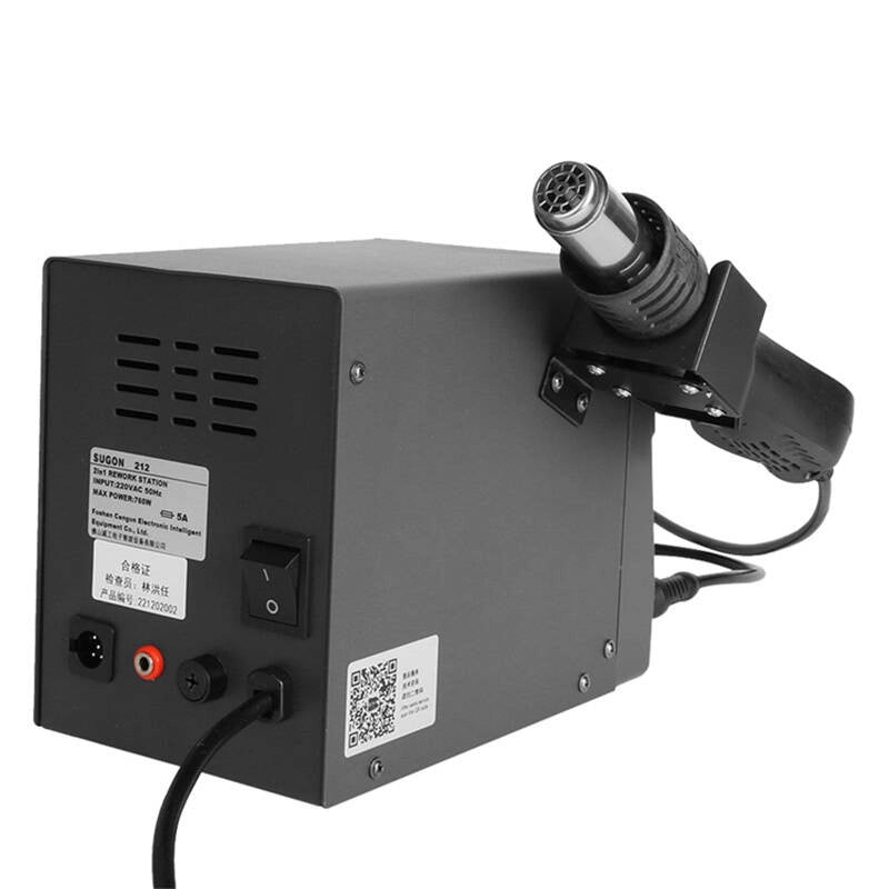 Rear view of the Sugon 212 rework station showing the rating label with 220VAC 50Hz input and 760W maximum power, with the hot air gun held in its side bracket