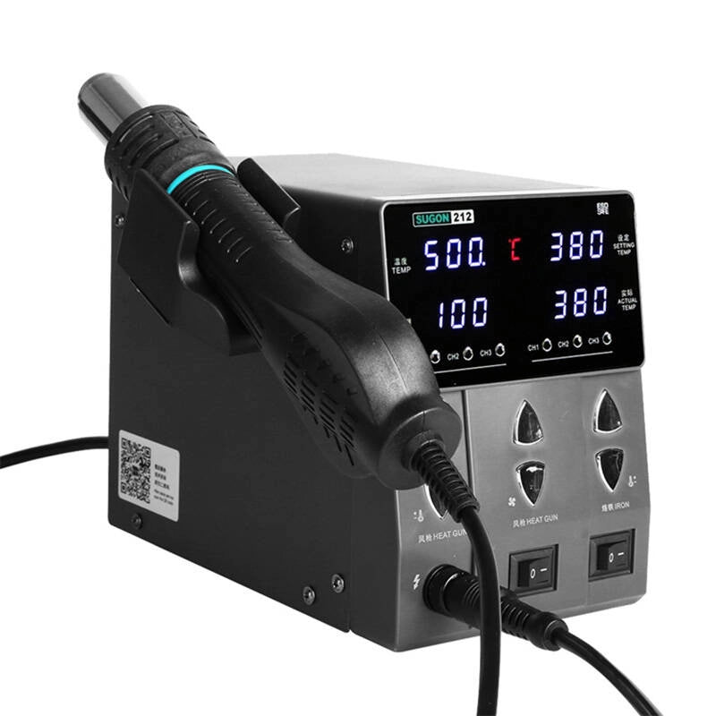 Close view of the Sugon 212 control panel showing the dual temperature display, CH1 CH2 CH3 memory indicators and separate heat gun and iron rocker switches