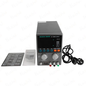 Sugon 3005D Regulated Power Supply - with a dark grey casing, digital display, control knobs, buttons, output ports, power cable, and included manuals.