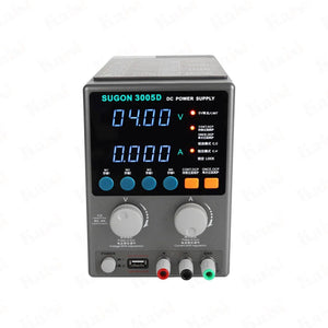 Sugon 3005D Regulated Power Supply - a grey front panel with a digital display reading 04.00 V and 0.000 A, control knobs, buttons, and ports.