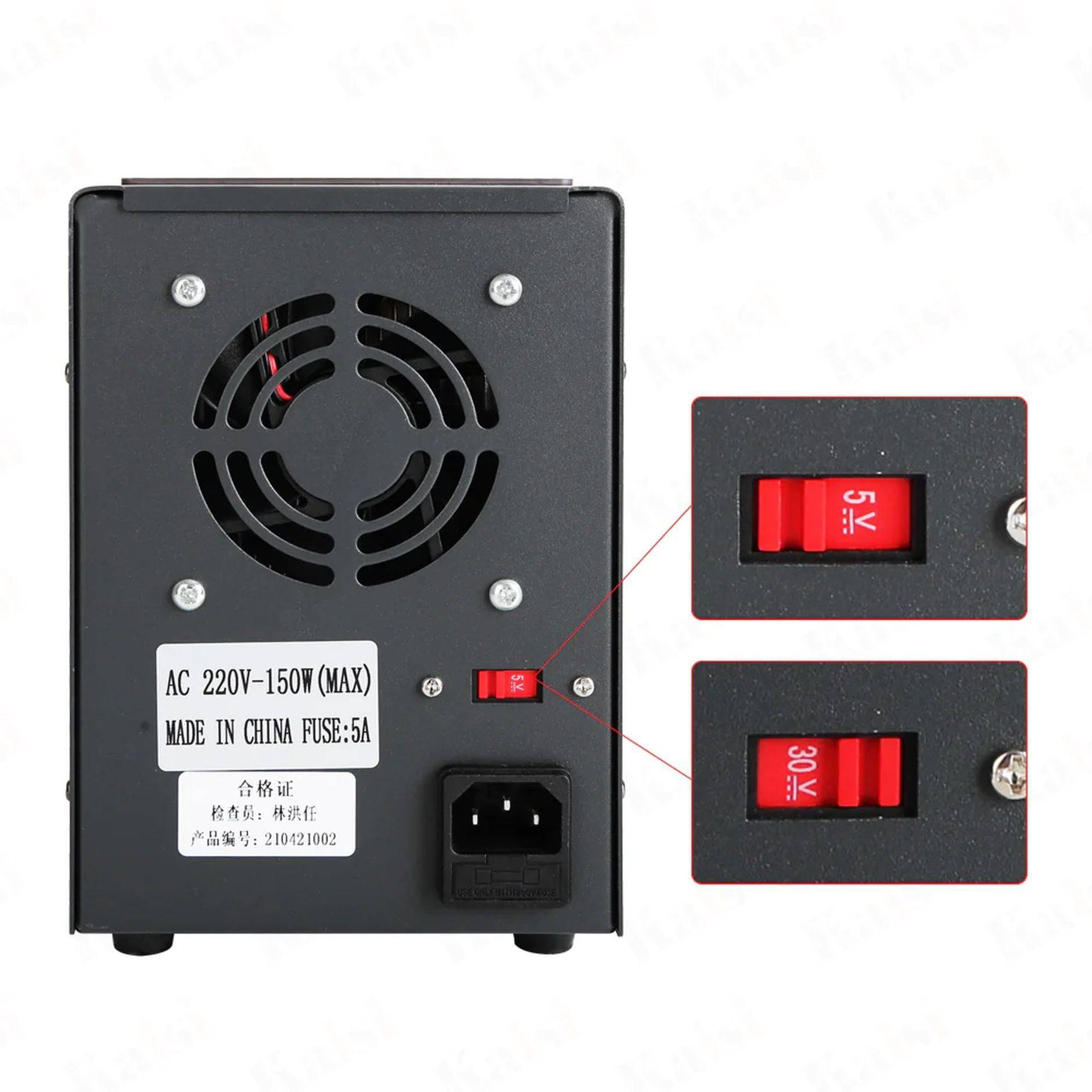 Sugon 3005D Regulated Power Supply - a cooling fan, power input, fuse, and a close-up of the 5V and 30V voltage selector switch.
