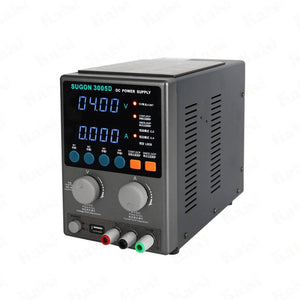 Sugon 3005D Regulated Power Supply - DC power supply in a grey metal casing with a digital display showing 04.00 V and 0.000 A, featuring control knobs, buttons, and ports.
