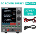 Sugon 3005PM 30V 5A 4-Digits Display LED High Precision Adjustable Switching DC Power Supply - a grey unit with a digital display, knobs, USB ports, output terminals, power cables, and red/black test leads.