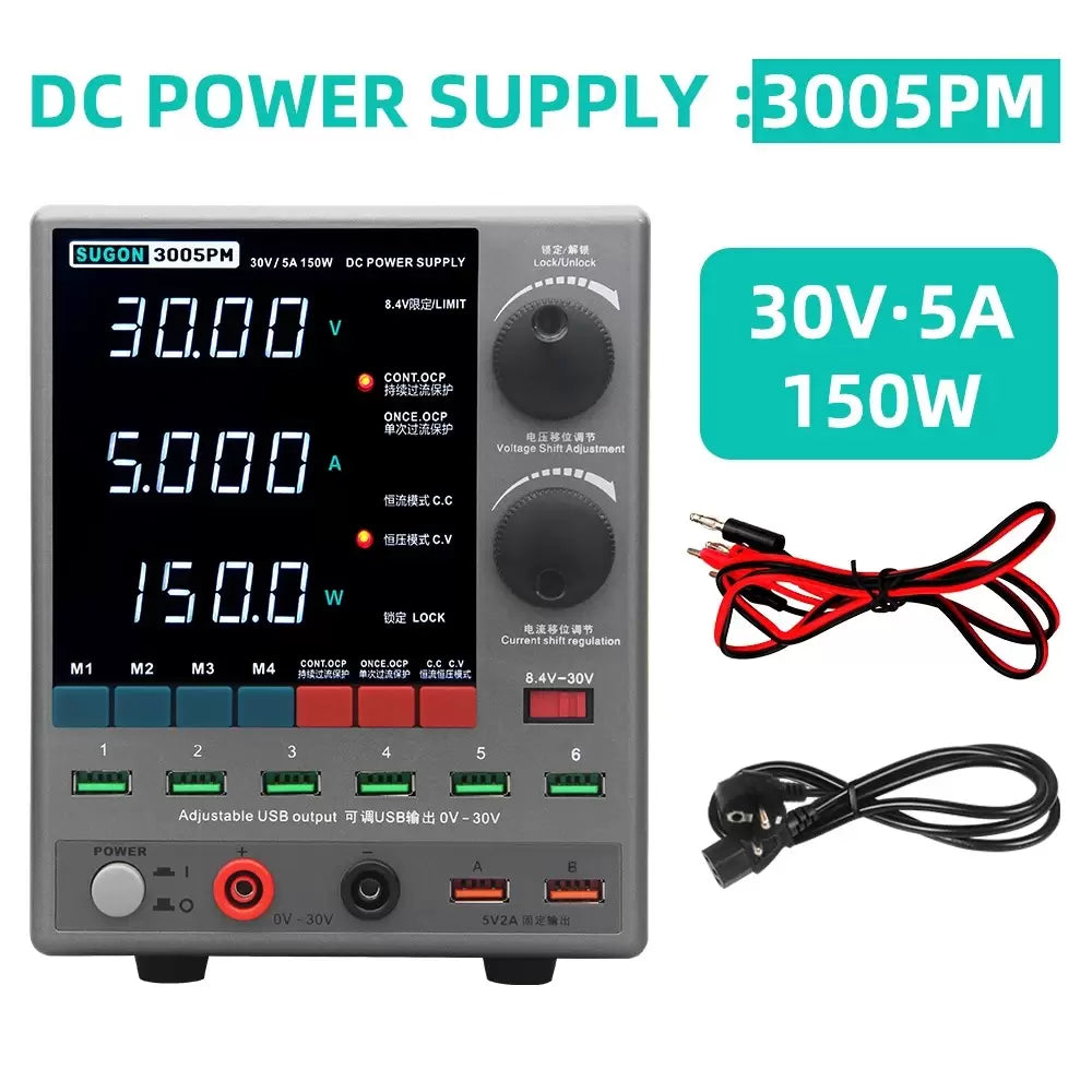 Sugon 3005PM 30V 5A 4-Digits Display LED High Precision Adjustable Switching DC Power Supply - a grey unit with a digital display, knobs, USB ports, output terminals, power cables, and red/black test leads.