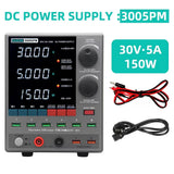 Sugon 3005PM 30V 5A 4-Digits Display LED High Precision Adjustable Switching DC Power Supply - a grey unit with a digital display, knobs, USB ports, output terminals, power cables, and red/black test leads.
