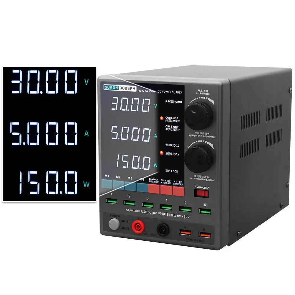 Sugon 3005PM 30V 5A 4-Digits Display LED High Precision Adjustable Switching DC Power Supply - a grey unit with a digital display reading 30.00V, 5.000A, and 150.0W, plus knobs, buttons, and USB ports.