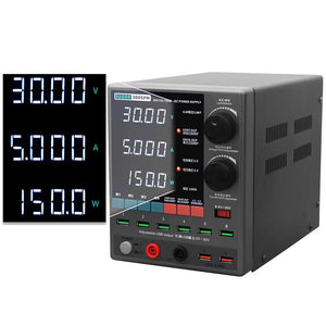 Sugon 3005PM 30V 5A 4-Digits Display LED High Precision Adjustable Switching DC Power Supply - a grey unit with a digital display reading 30.00V, 5.000A, and 150.0W, plus knobs, buttons, and USB ports.