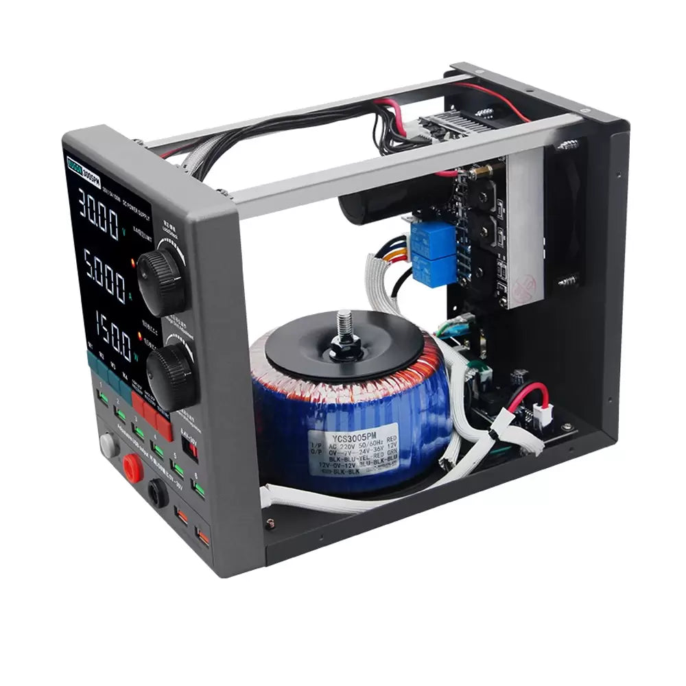 Sugon 3005PM 30V 5A 4-Digits Display LED High Precision Adjustable Switching DC Power Supply - with its grey metal casing removed, showing the internal toroidal transformer, circuit boards, knobs, and LED display.
