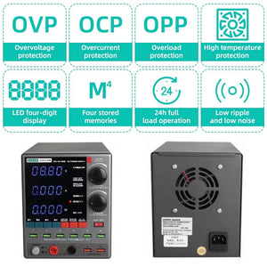 Sugon 3005PM 30V 5A 4-Digits Display LED High Precision Adjustable Switching DC Power Supply - front and rear views, LED displays, control knobs, USB ports, output terminals, and feature icons.