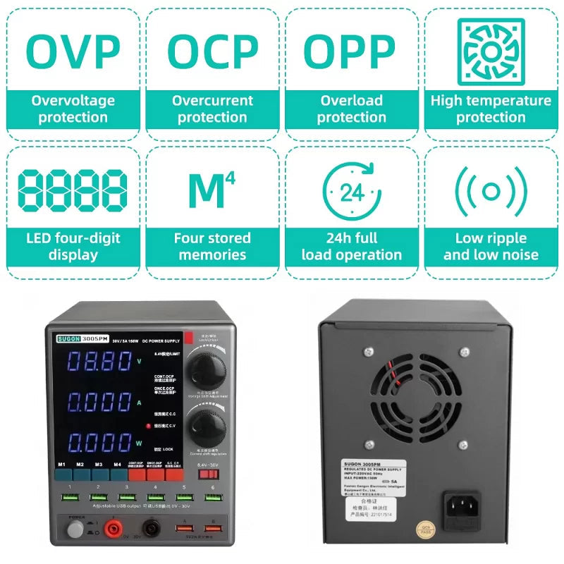 Sugon 3005PM 30V 5A 4-Digits Display LED High Precision Adjustable Switching DC Power Supply - front and rear views, LED displays, control knobs, USB ports, output terminals, and feature icons.