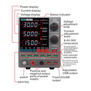 Sugon 3005PM 30V 5A 4-Digits Display LED High Precision Adjustable Switching DC Power Supply - with a labeled diagram showing the LED displays, adjustment knobs, output ports, buttons, and switches on the grey unit.