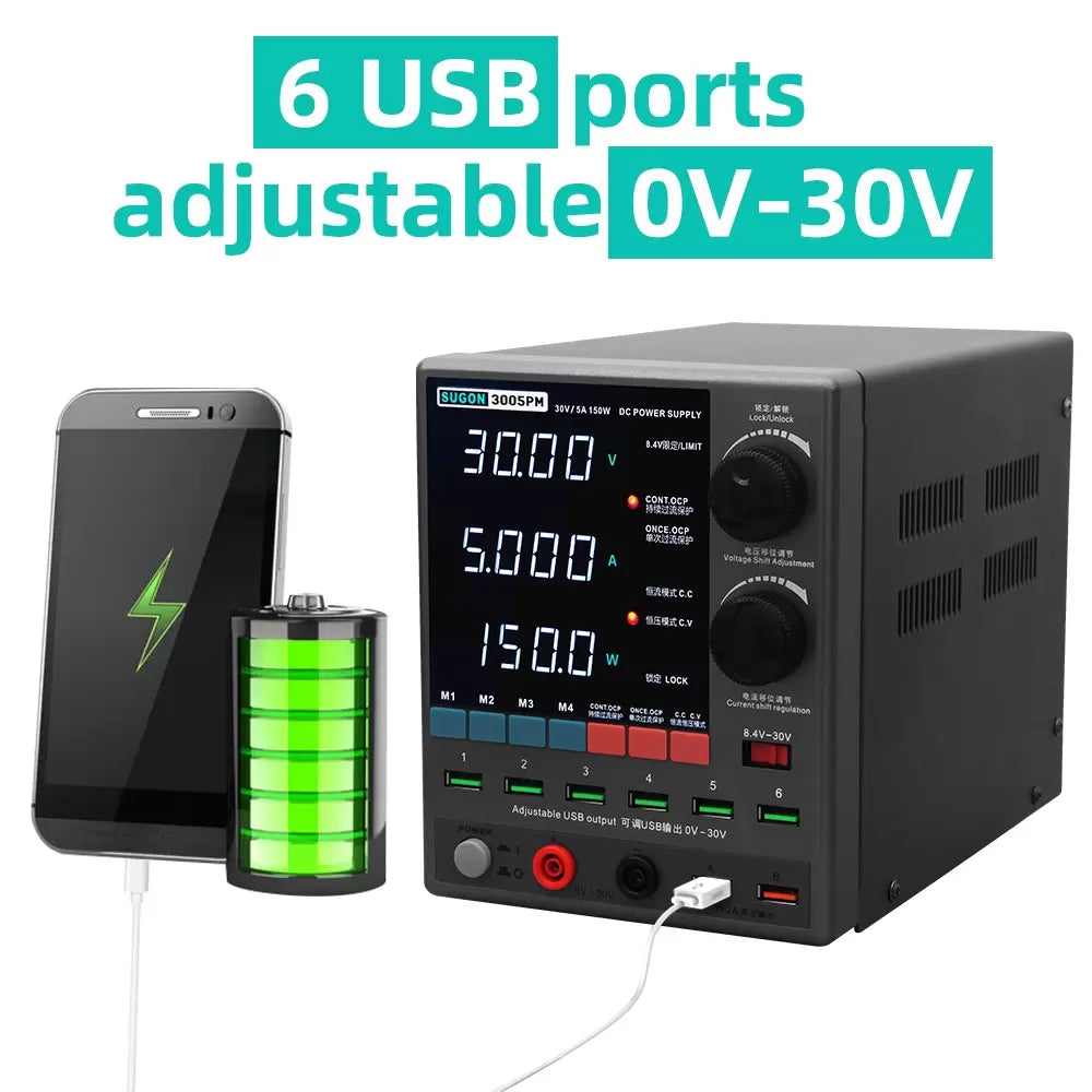 Sugon 3005PM 30V 5A 4-Digits Display LED High Precision Adjustable Switching DC Power Supply - with a dark grey chassis, digital displays reading 30.00V, 5.000A, and 150.0W, six USB ports, knobs, and buttons.
