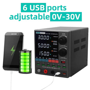 Sugon 3005PM 30V 5A 4-Digits Display LED High Precision Adjustable Switching DC Power Supply - with a dark grey chassis, digital displays reading 30.00V, 5.000A, and 150.0W, six USB ports, knobs, and buttons.