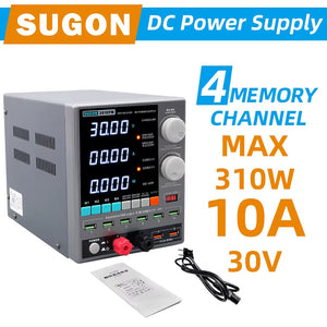 SUGON 3010PM Programmable DC Power Supply 30V 10A Voltage Current Regulator Stabilized Power Supply Voltage Switch AC 220V 110V - a grey unit with a digital display reading 30.00V, 00.00A, 0.000W, control knobs, ports, power cable, and manual.
