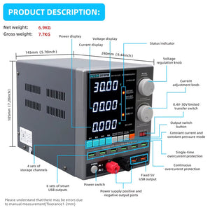 SUGON 3010PM Programmable DC Power Supply 30V 10A Voltage Current Regulator Stabilized Power Supply Voltage Switch AC 220V 110V - a grey benchtop unit with a digital display, control knobs, USB ports, and output terminals.