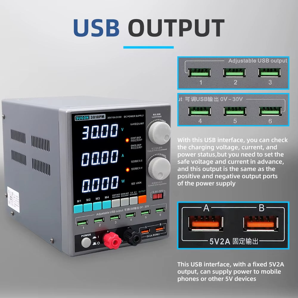 SUGON 3010PM Programmable DC Power Supply 30V 10A Voltage Current Regulator Stabilized Power Supply Voltage Switch AC 220V 110V - a digital display, control knobs, buttons, and multiple USB output ports with labels for adjustable and fixed outputs.