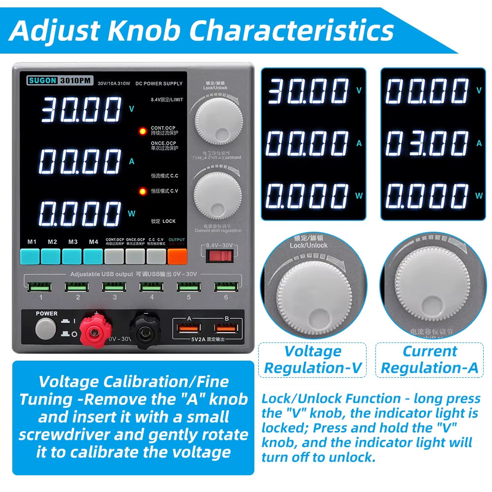 SUGON 3010PM Programmable DC Power Supply 30V 10A Voltage Current Regulator Stabilized Power Supply Voltage Switch AC 220V 110V - the front panel with digital displays, control knobs, USB ports, output terminals, and diagrams of its functions.