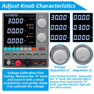 SUGON 3010PM Programmable DC Power Supply 30V 10A Voltage Current Regulator Stabilized Power Supply Voltage Switch AC 220V 110V - the front panel with digital displays, control knobs, USB ports, output terminals, and diagrams of its functions.