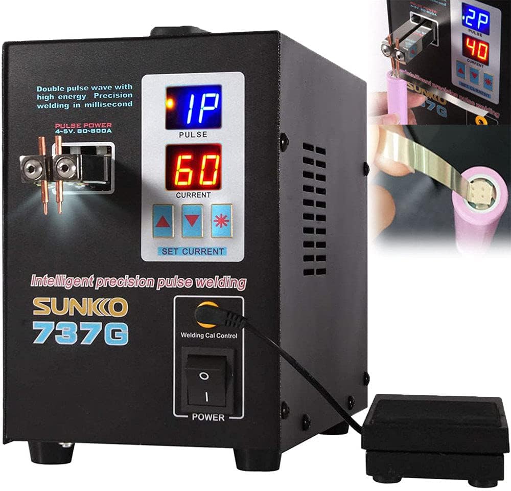 SUNKKO 737G Spot Welder Double Pulse Precision Welding Machine for 18650 Lithium Battery Welding 1.5kW Spot Welder - a black box unit with a digital display showing "1P" and "60", welding probes, a power switch, and an external foot pedal.