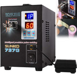 SUNKKO 737G Spot Welder Double Pulse Precision Welding Machine for 18650 Lithium Battery Welding 1.5kW Spot Welder - a black box unit with a digital display showing "1P" and "60", welding probes, a power switch, and an external foot pedal.