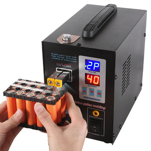 SUNKKO 737G Spot Welder Double Pulse Precision Welding Machine for 18650 Lithium Battery Welding 1.5kW Spot Welder - with a black metal casing, digital displays showing 2P and 40, adjustment buttons, and welding probes joining battery cells.