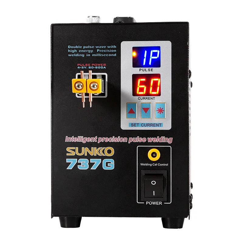 SUNKKO 737G Spot Welder Double Pulse Precision Welding Machine for 18650 Lithium Battery Welding 1.5kW Spot Welder - a black rectangular device with a welding head, a digital display showing "1P" and "60", arrow buttons, and a power switch.