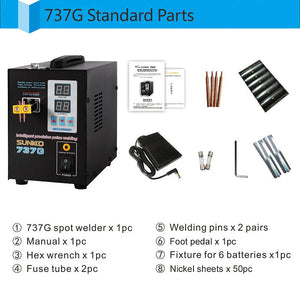 SUNKKO 737G Spot Welder Double Pulse Precision Welding Machine for 18650 Lithium Battery Welding 1.5kW Spot Welder - the black main unit with digital displays, foot pedal, battery fixture, welding pins, fuses, wrench, and nickel strips.