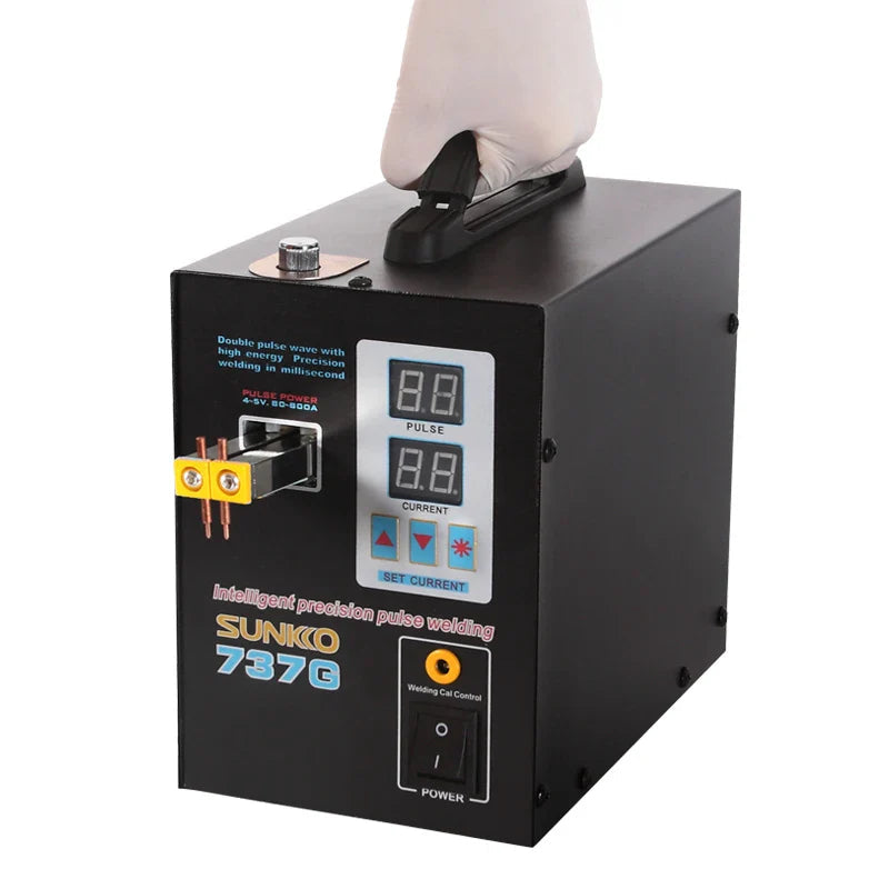 SUNKKO 737G Spot Welder Double Pulse Precision Welding Machine for 18650 Lithium Battery Welding 1.5kW Spot Welder - a black, rectangular benchtop device with a top handle, two digital displays, control buttons, and a front welding head.