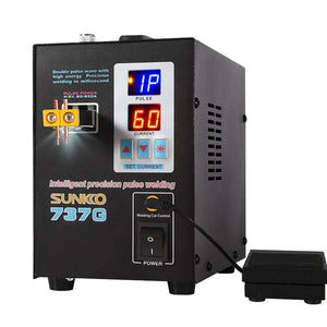 SUNKKO 737G Spot Welder Double Pulse Precision Welding Machine for 18650 Lithium Battery Welding 1.5kW Spot Welder - a black rectangular machine with a digital display showing 1P and 60, welding pins, control buttons, and a foot pedal.