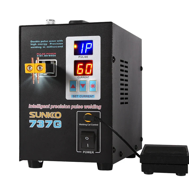 SUNKKO 737G Spot Welder Double Pulse Precision Welding Machine for 18650 Lithium Battery Welding 1.5kW Spot Welder - a black rectangular machine with a digital display showing 1P and 60, welding pins, control buttons, and a foot pedal.