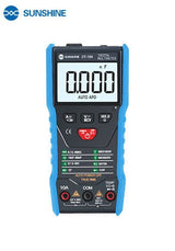 SUNSHINE DT-19N Mini Smart Digital Multimeter | Compact & Accurate - a black and blue handheld device with a screen showing 0.000 nF, function buttons, and three input ports at the base.