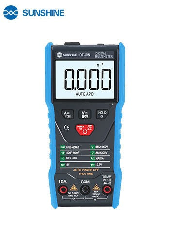 SUNSHINE DT-19N Mini Smart Digital Multimeter | Compact & Accurate - a black and blue handheld device with a screen showing 0.000 nF, function buttons, and three input ports at the base.
