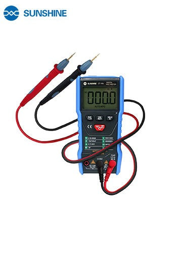 SUNSHINE DT-19N Mini Smart Digital Multimeter | Compact & Accurate - a blue and black handheld device with a digital display showing 000.0 and two attached test probes.
