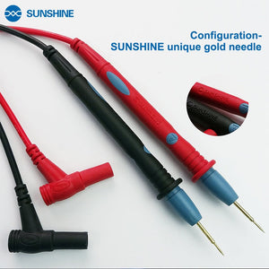 SUNSHINE DT-19N Mini Smart Digital Multimeter | Compact & Accurate - a close-up of red and black multimeter test leads with gold-plated needle tips and angled plugs.